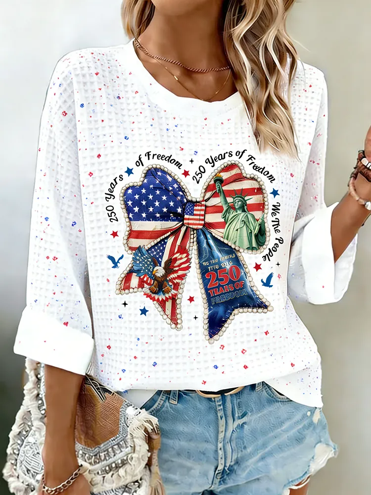 250 Years Of Freedom American Flag Bow Waffle Knit Top