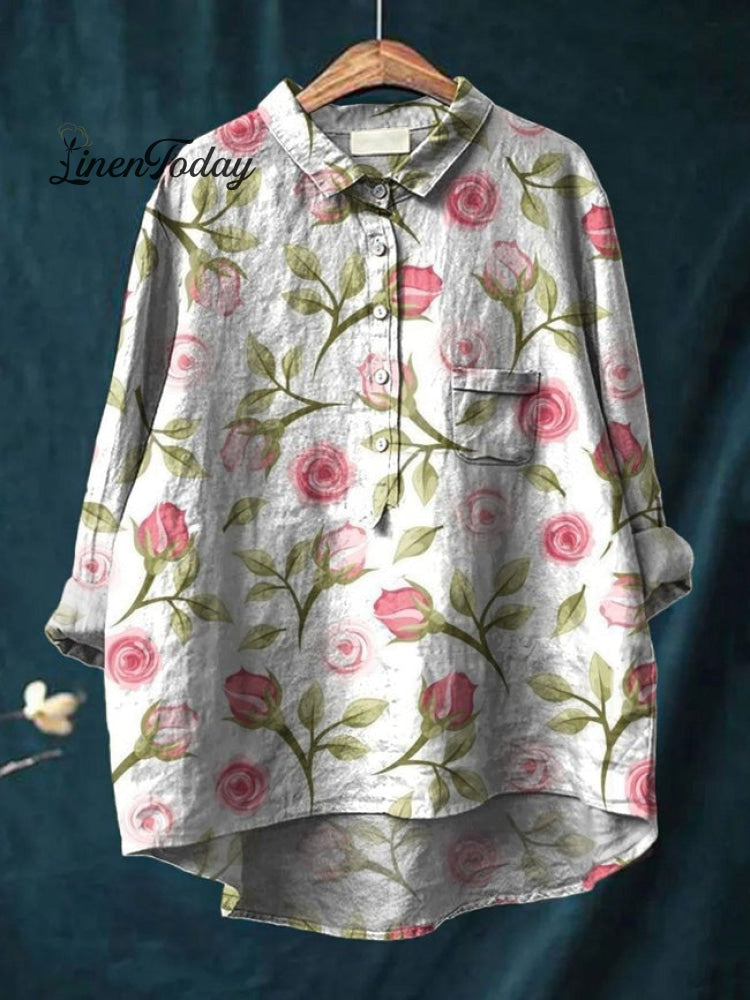 Women's Rose Flower Print Casual Cotton And Linen Shirt