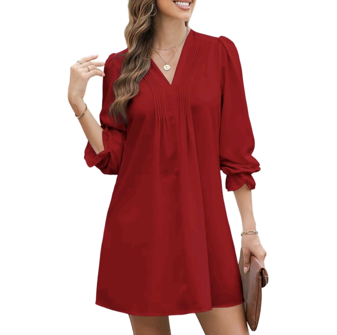Dokotoo Womens Casual Dress A-Line RuffleSleeve V Neck Midi Dress 2025 Fashion PleatedFlowy Sundress Loose Shirt Dresses