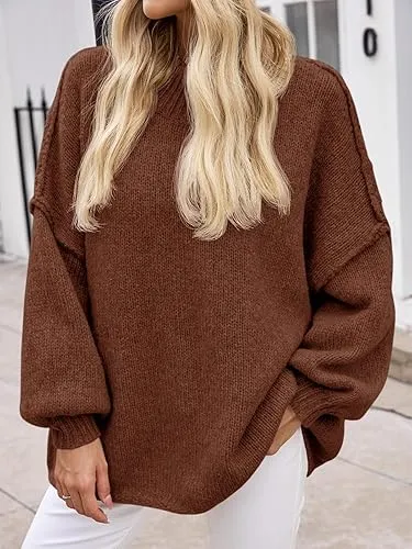 ✨Womens Oversized Mock Neck Batwing Long Sleeve Ribbed Knit Casual Tunic Sweater🔥