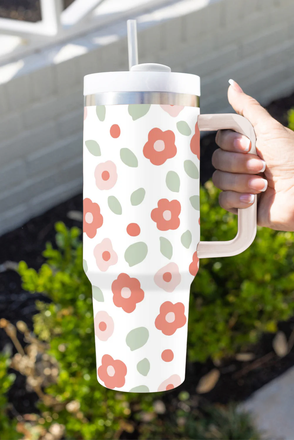 White Floral Leaves Print Stainless Large Portable Cup 40oz