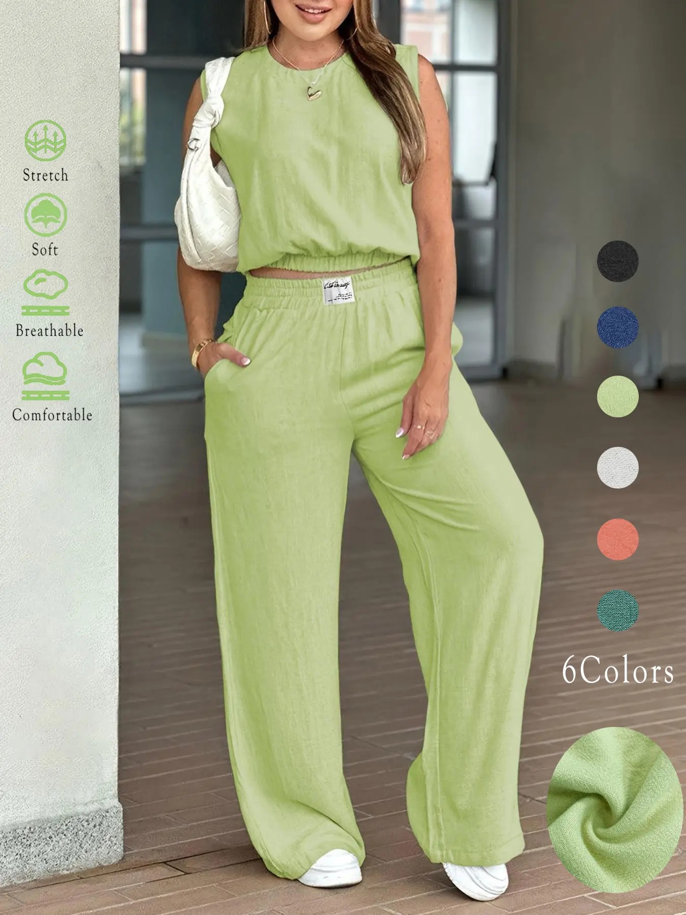 Women's Summer 2-Piece Outfit - Solid Color Tank Top & Wide Leg Elastic Waist Pants Set☀️