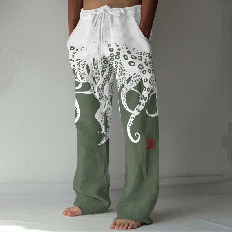Vintage Japanese Art Octopus Legs Print Casual Linen Blend Pants