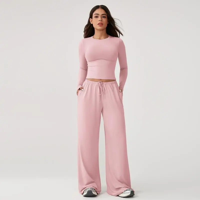 Women’s 2-Piece Activewear Set, Long Sleeve Crop Top & Wide-Leg Pants