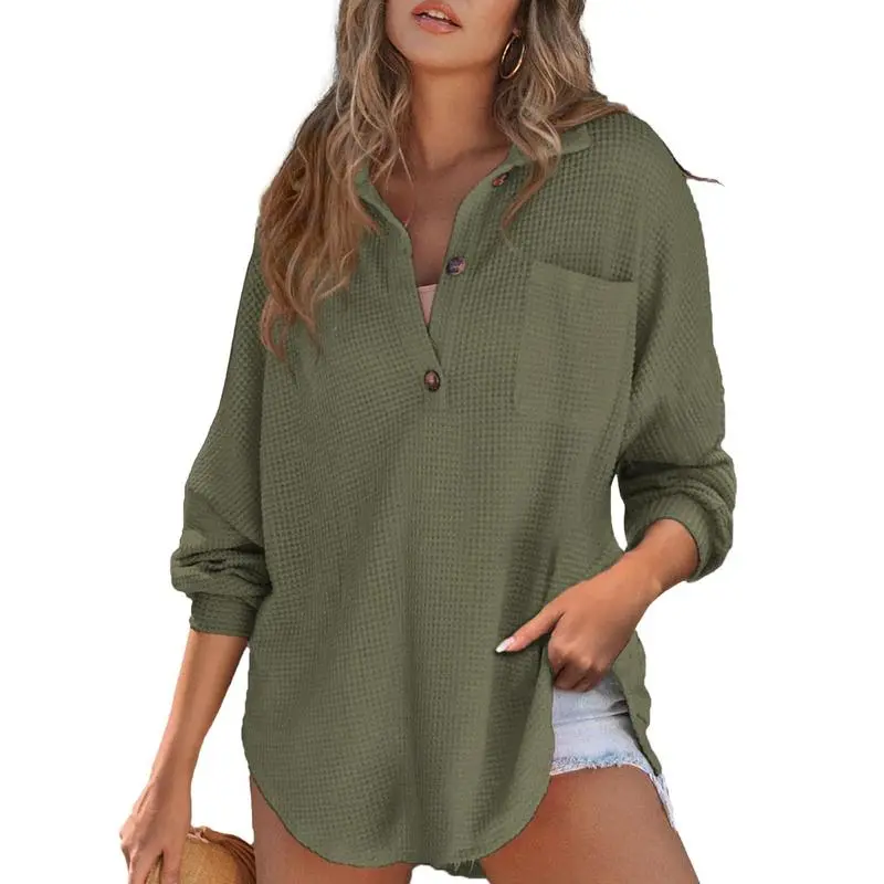 Women's Oversized Henley Waffle Shirts Tops