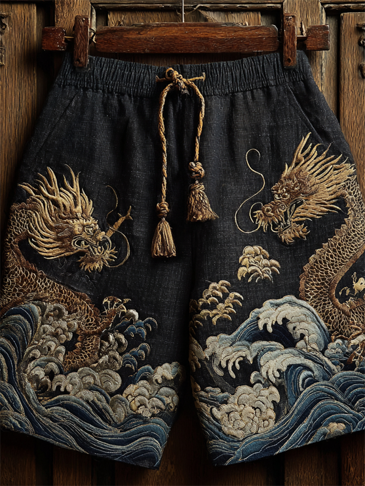 Japanese Golden Dragons & Sea Waves Embroidered Linen Shorts