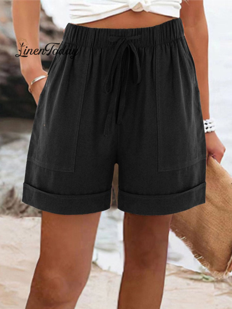 Women's Summer Casual Solid Color Drawstring Shorts With Pockets