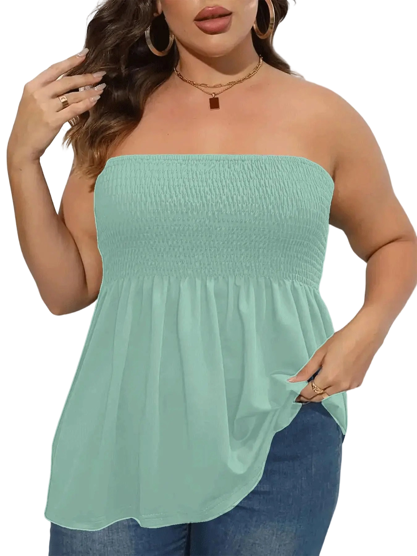 Women's n Strapless Top Plus Size Solid Ruffle Hem Shirred Tube Top