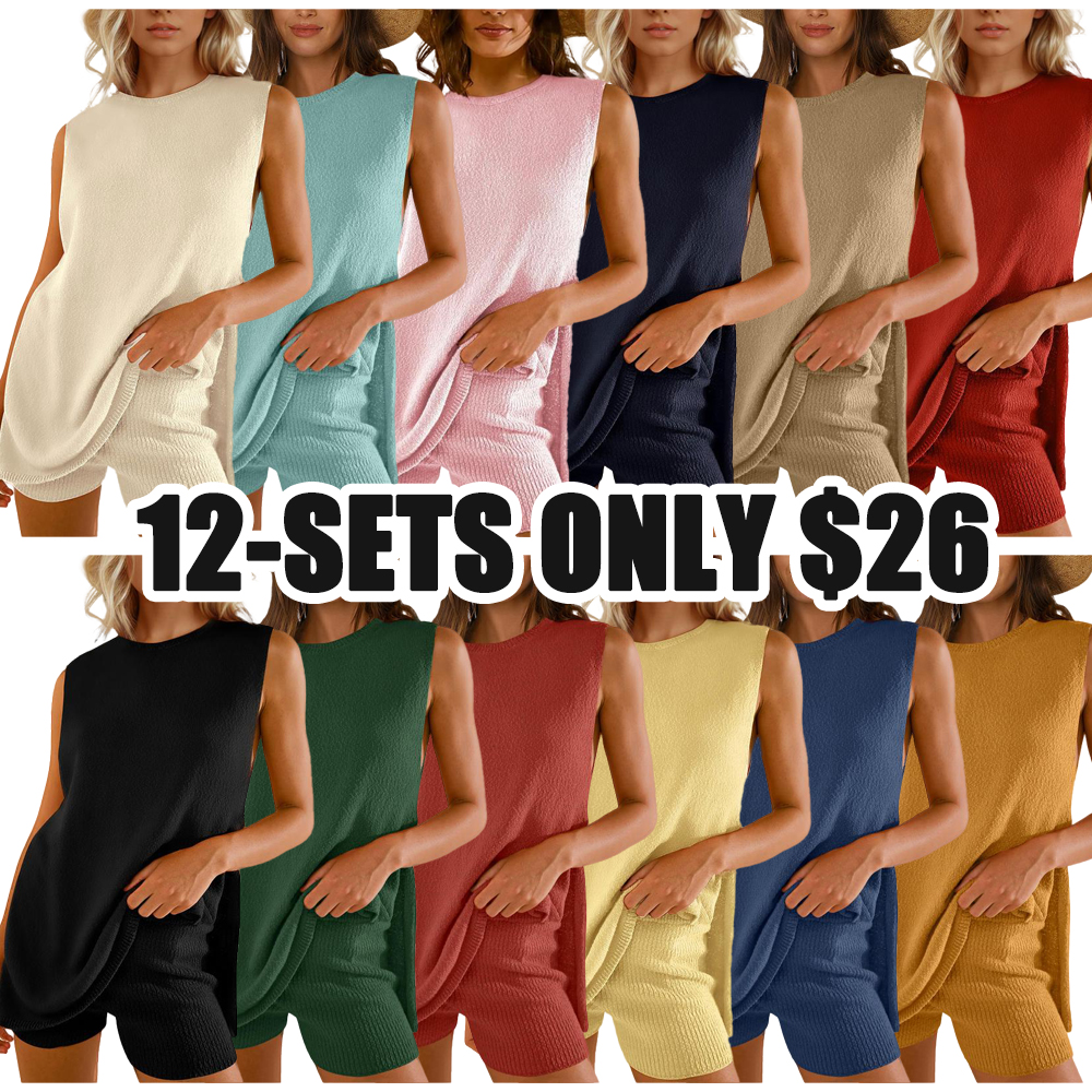 Women’s 2-Piece Summer Knit Sweater Set – Sleeveless Tunic Top & Matching Shorts, Casual Beach Lounge Outfit