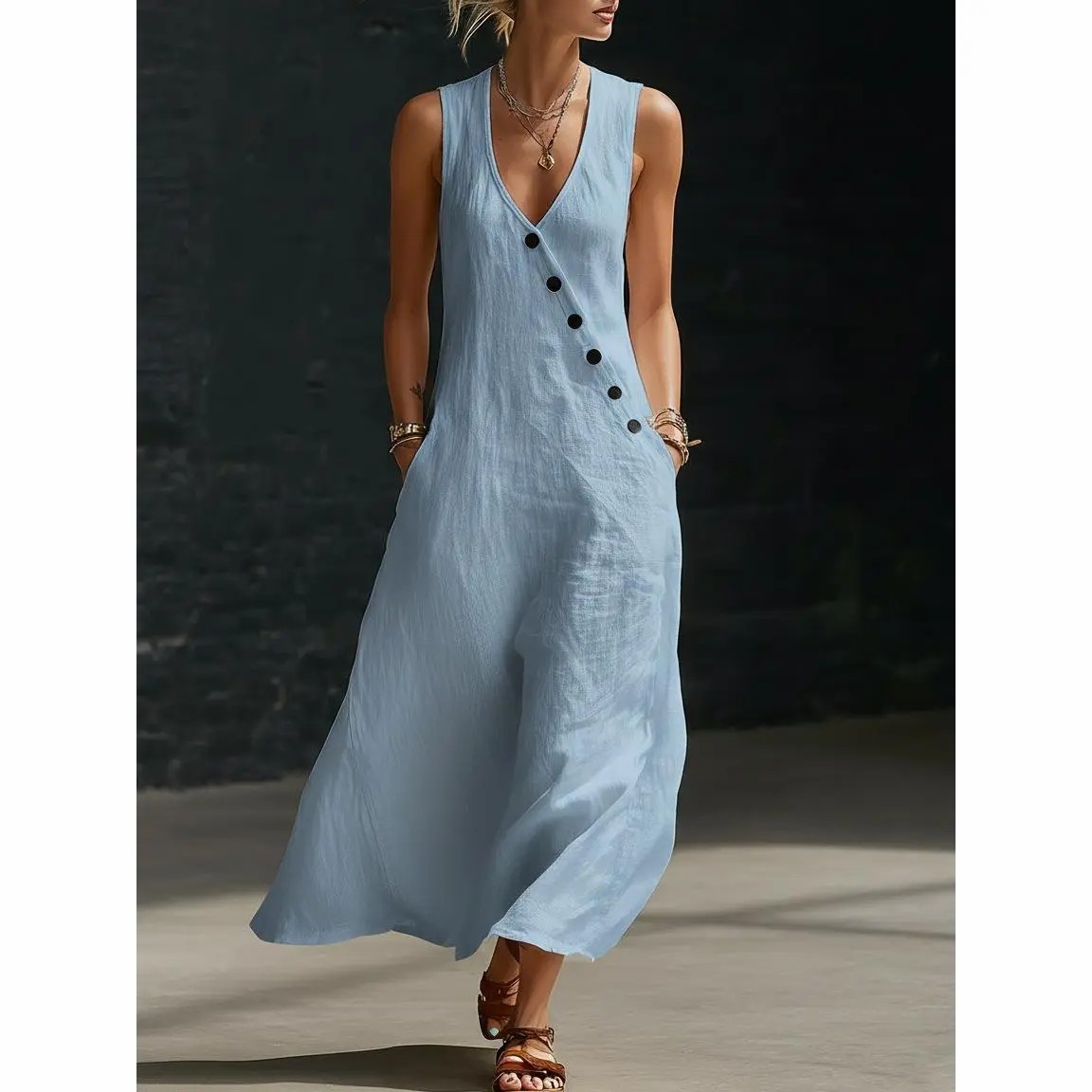 🔥Easter Sale!!Women’s Sleeveless Linen Maxi Dress – V-Neck Button Detail with Pockets