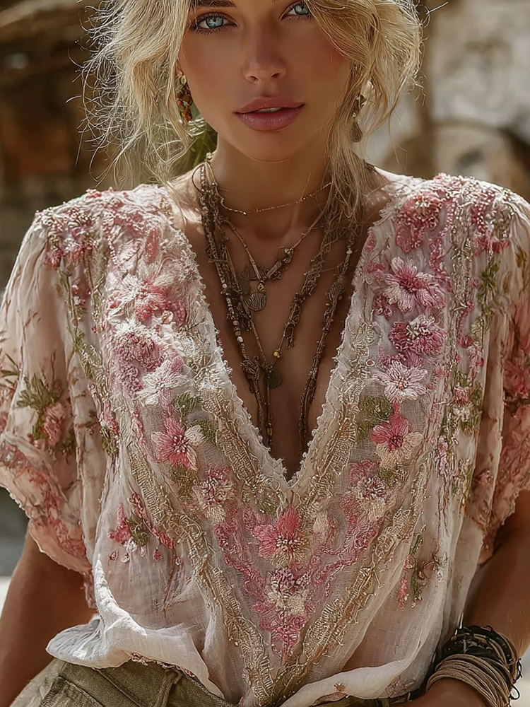 Women's Vintage Floral Embroidered V-neck T-shirt