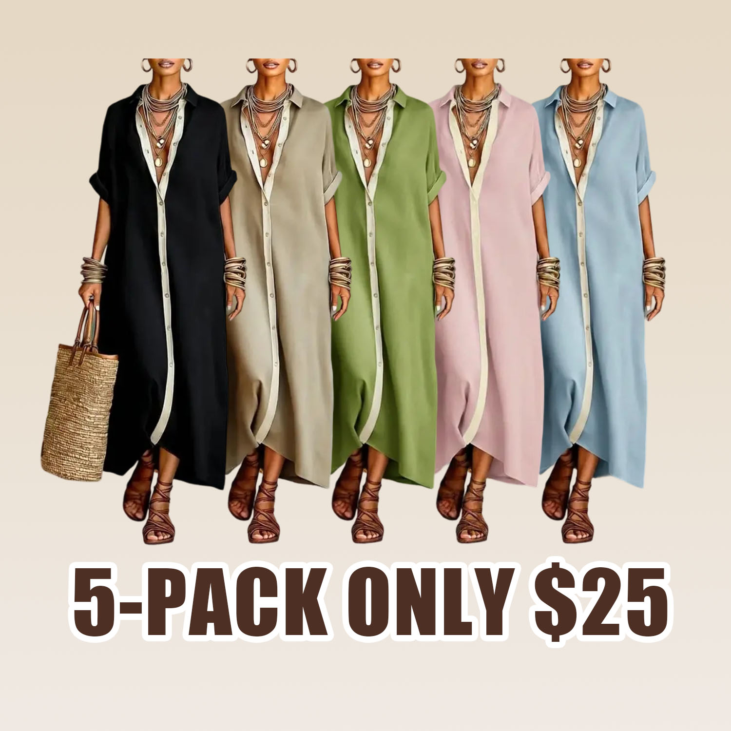 Women’s Minimalist Linen Blend Short-sleeved Shirt Maxi Dress