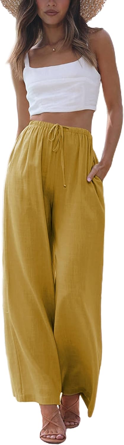 Faleave Women's Cotton Linen Summer Palazzo Pants Flowy Wide Leg Beach Trousers with Pockets