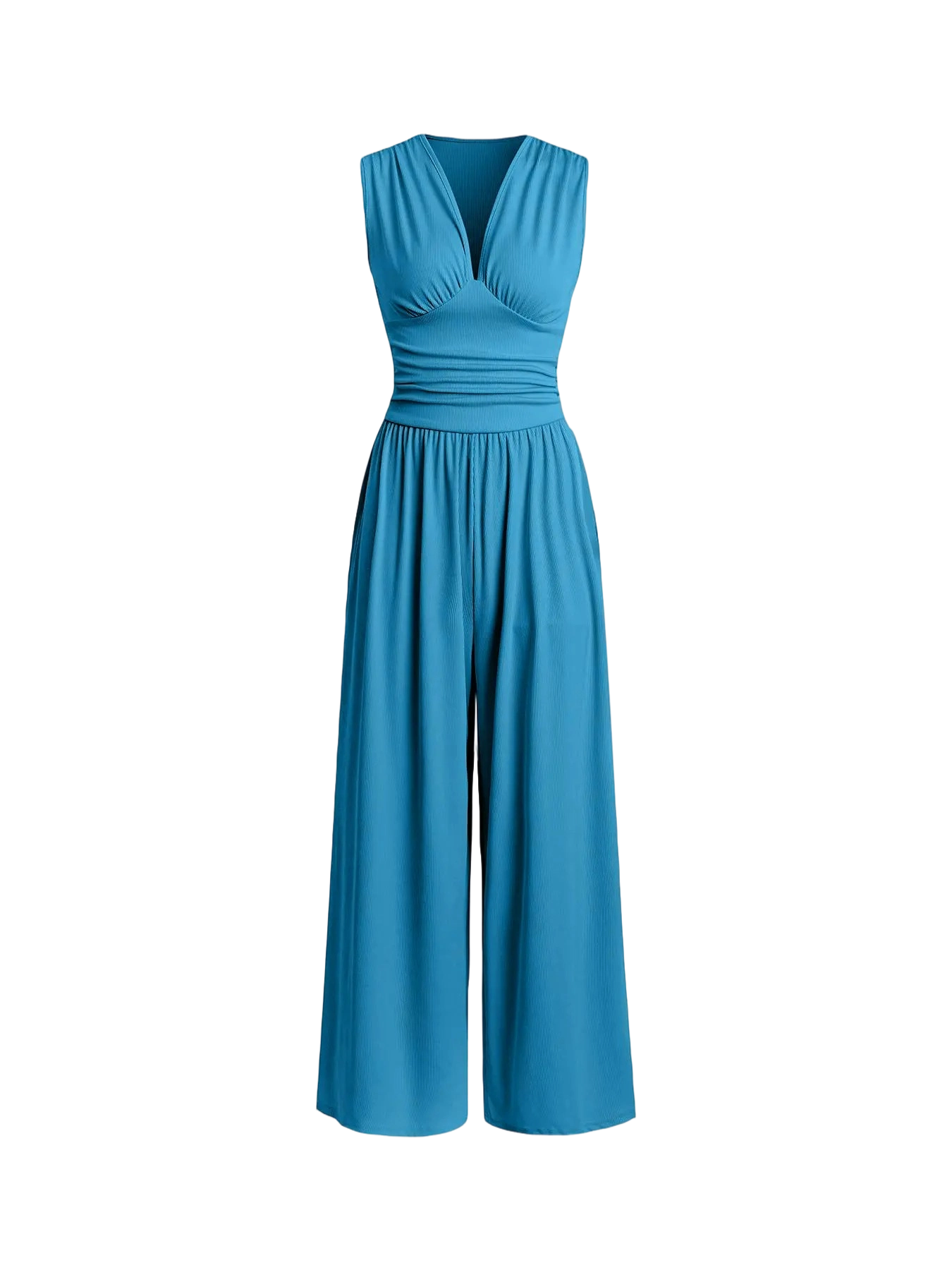 Women's Plain Ruched Deep V Neck Ribbed Fitted Jumpsuit, Elegant Sleeveless Wide Leg Jumpsuit for Summer