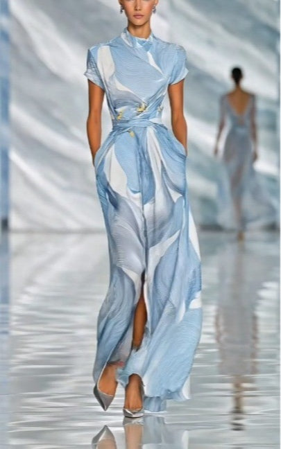 Blue abstract print short-sleeved chiffon dress