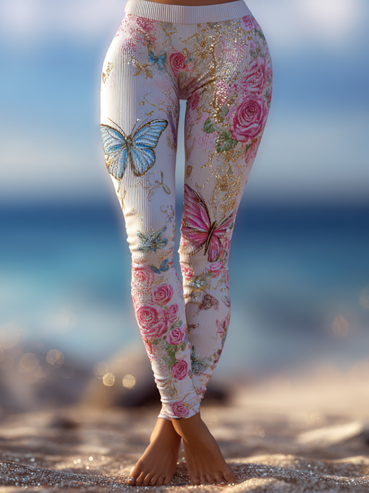 Vintage Butterflies And Roses Cozy Knit Leggings
