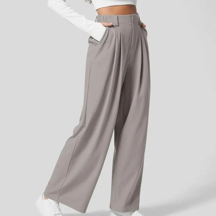 High Waisted Plicated Side Pocket Wide Waffle Work Pants