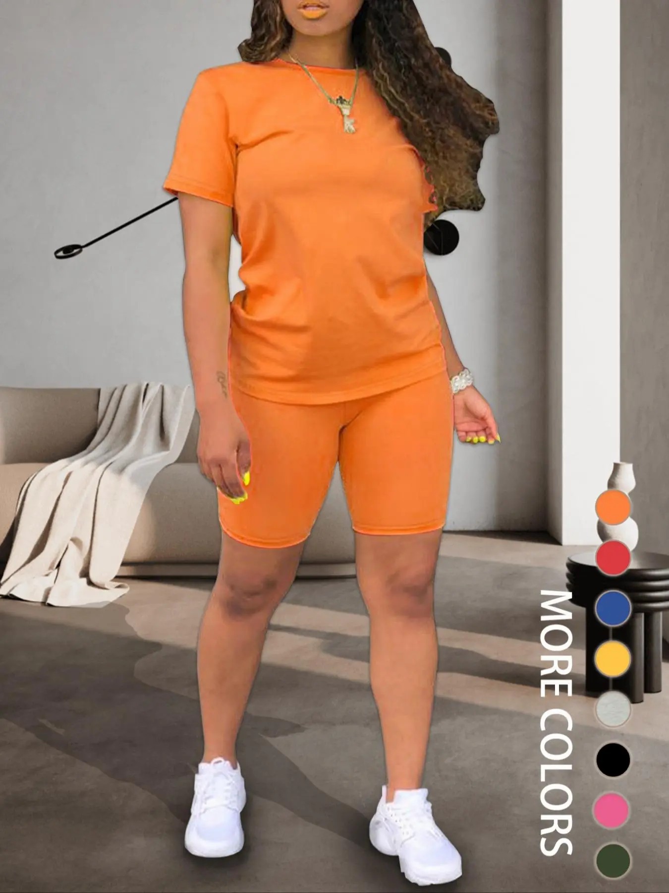 Two-piece Set Women's Fitted Plain Round Neck Tee & Skinny Shorts Set, Summer Clothes Women, Short Sleeve Crew Neck T-shirt & Shorts, Casual Summer Clothes for Outdoor, Cute Summer Outfit, Casual Matching Set, Womenswear