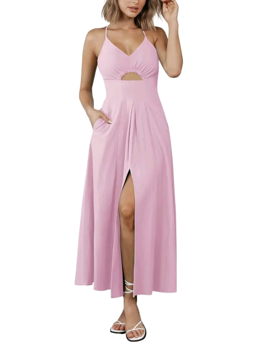 BTFBM Women's 2025 Summer Maxi Dress – Spaghetti Strap V-Neck Sleeveless Dress with Side Slit, Cutout Detail & Pockets | Casual Beach Party Outfit