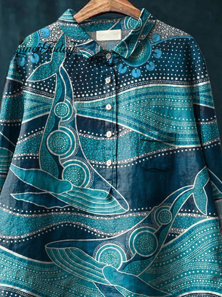 Whale And Ocean Art Printed Women's Casual Cotton And Linen Shirt