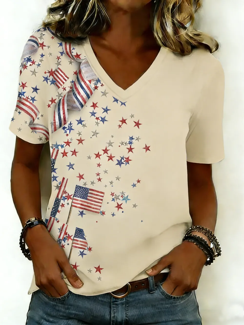 Casual Star V Neck Short Sleeve T-shirt