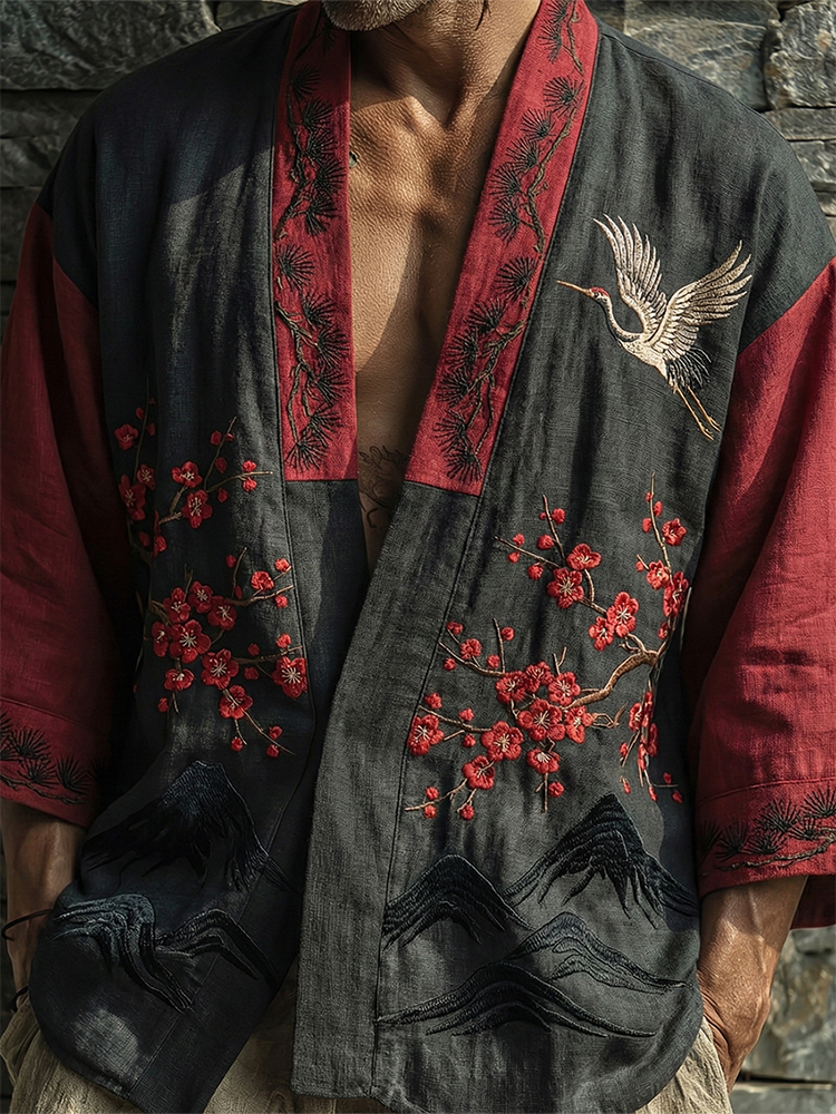 Japanese Cherry Blossoms Cranes Patchwork Art Linen Kimono Cardigan