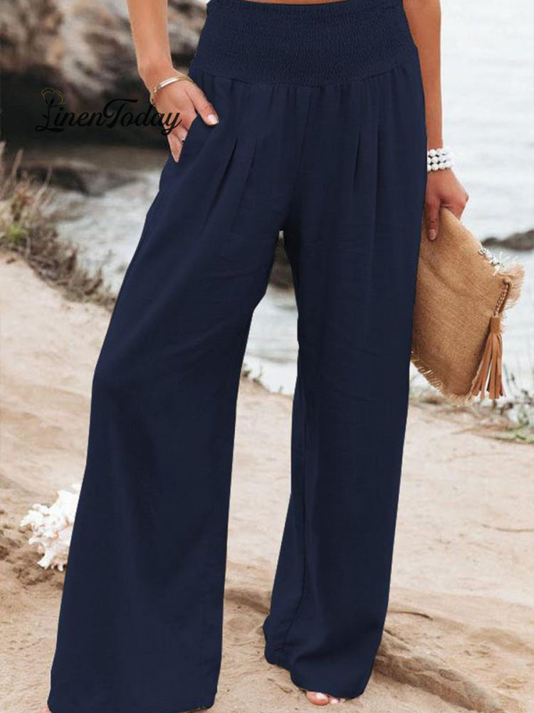 Women's Cotton and Linen Waist-waisted Wide-leg Pants