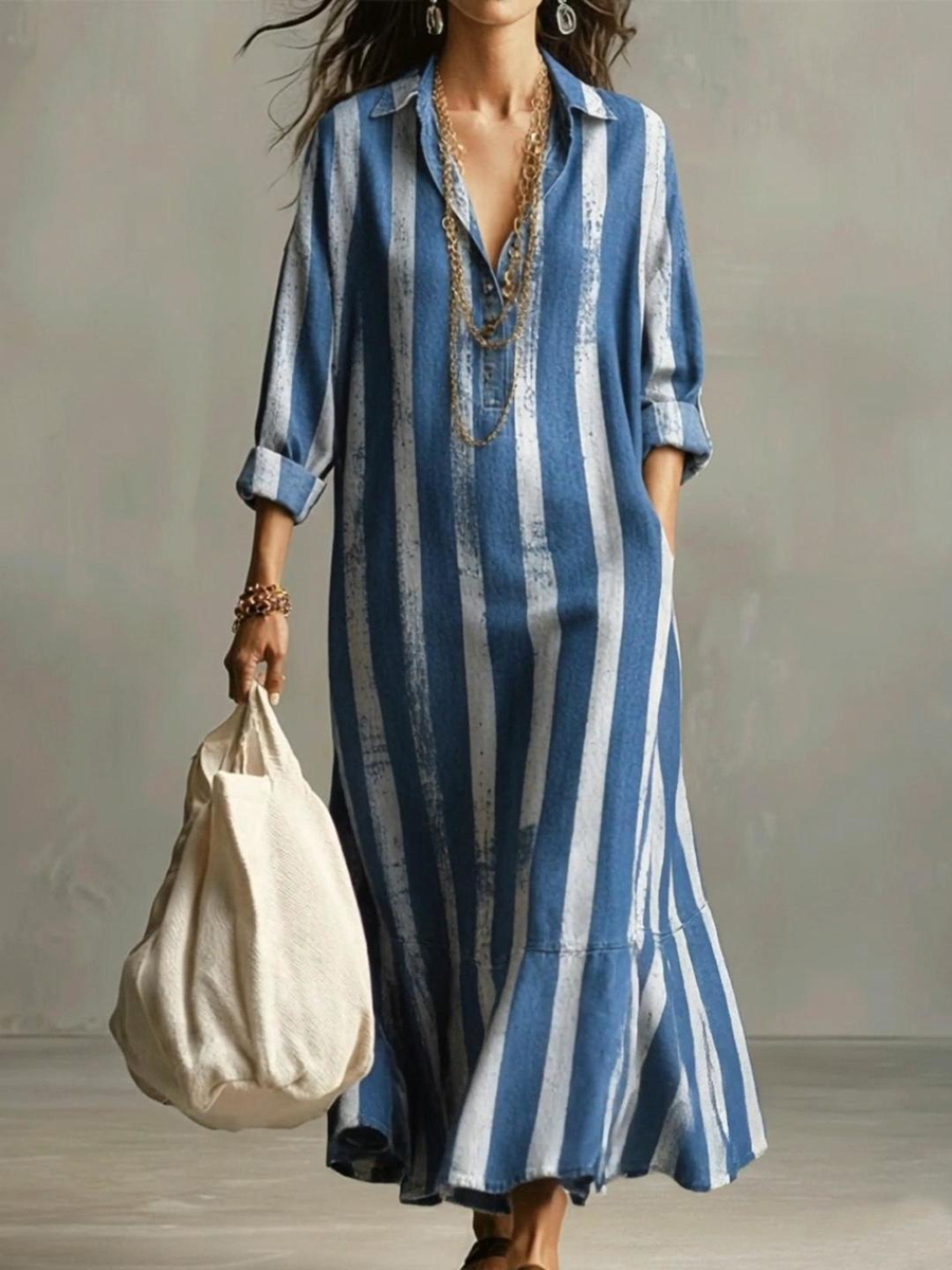 Retro Striped Ruffled Hem Dress