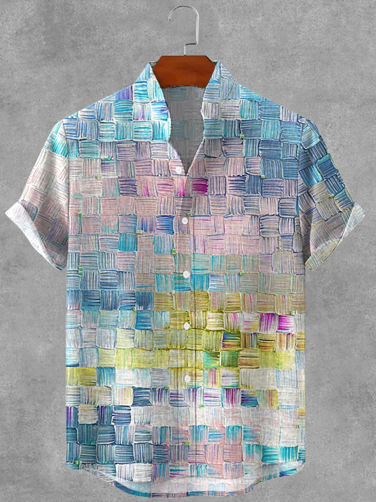 Men's Retro Oil Painting Plaid Art Print Cotton And Linen Shirt