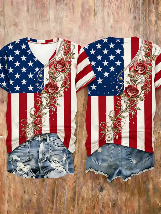 Women'S Independence Day Flag 250Th Anniversary Printed Short Sleeve V-Neck Casual T-Shirt