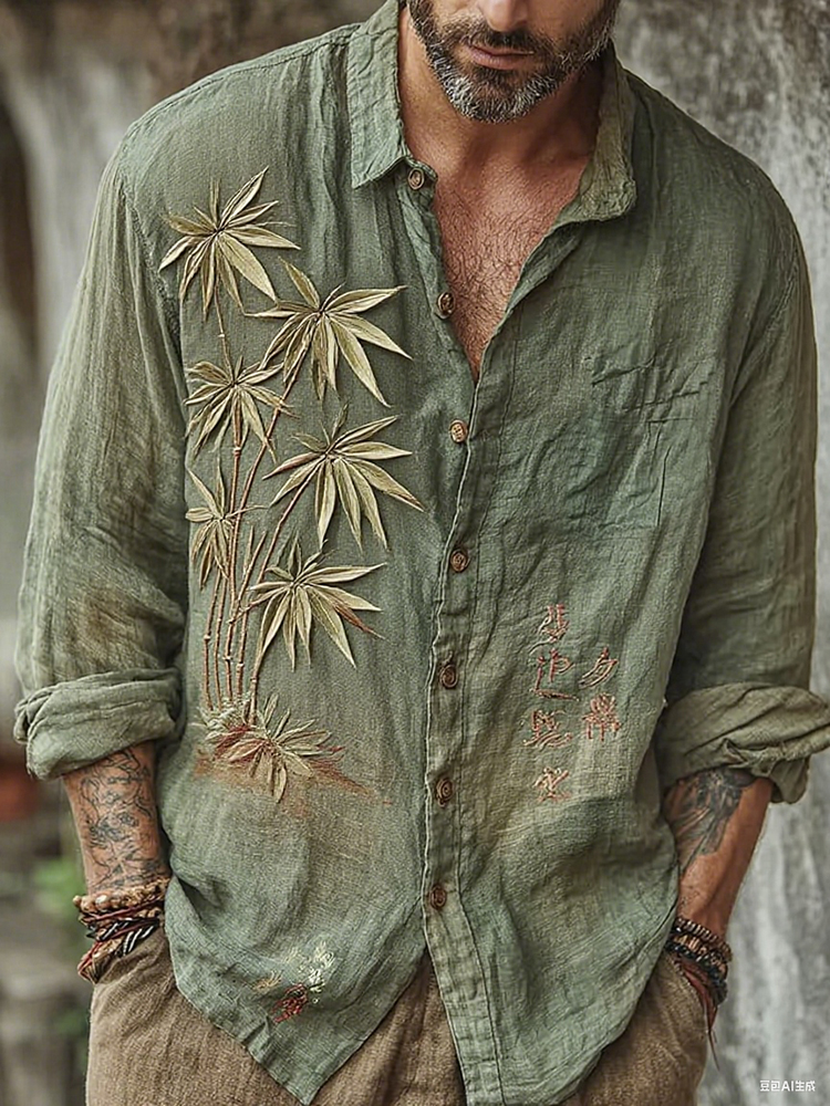 Men's Vintage Japanese Bamboo Embroidery Art Long Sleeve Linen Blend Shirt