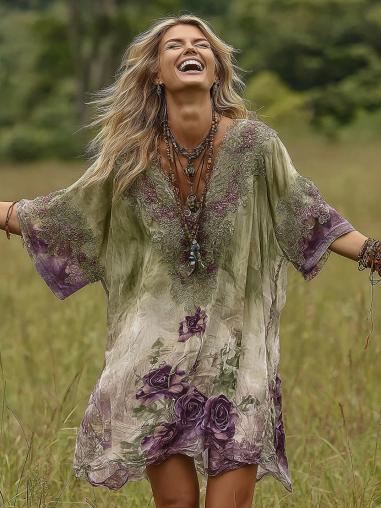 Classy Gradient Purple Lavender And Floral Printed Midi Dress