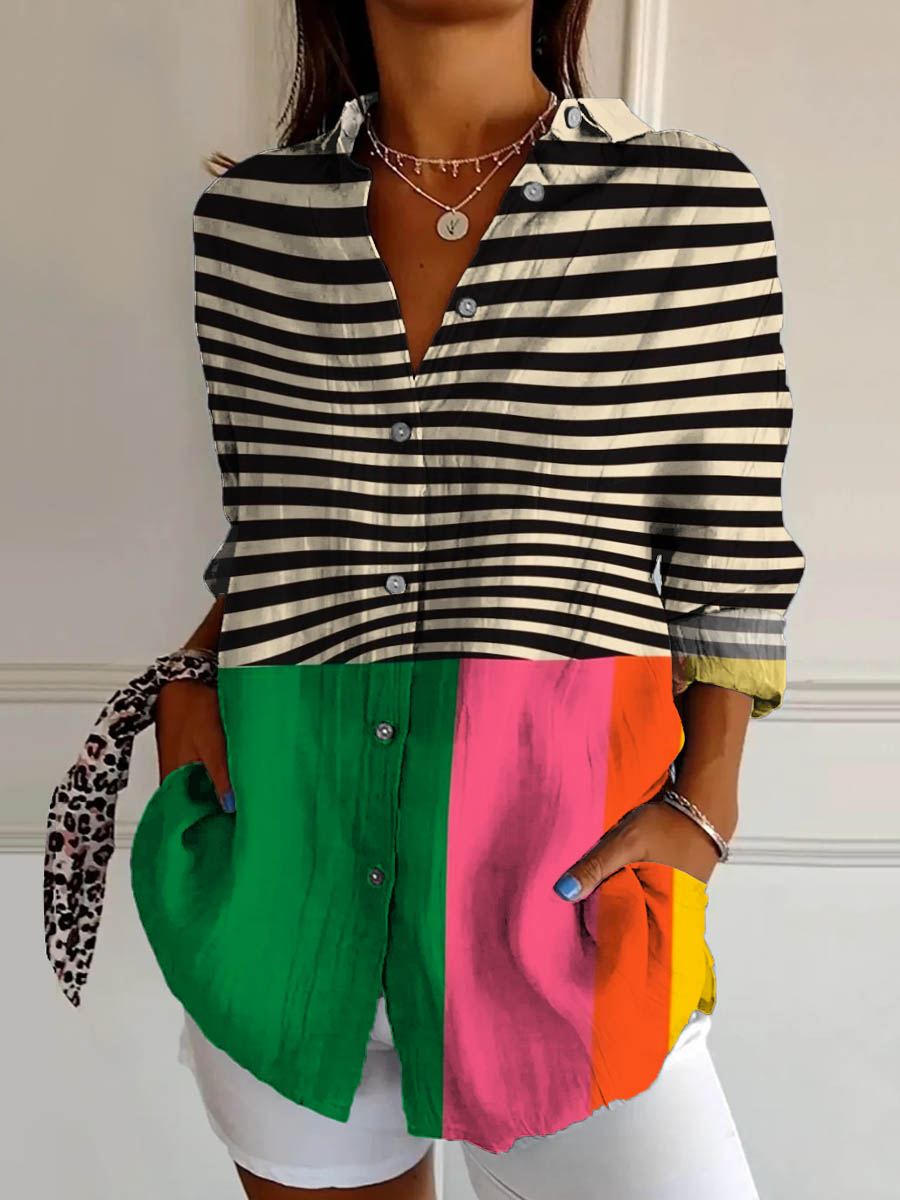 Women's Abstract Geometric Line Pattern Art Print Casual Cotton Shirt