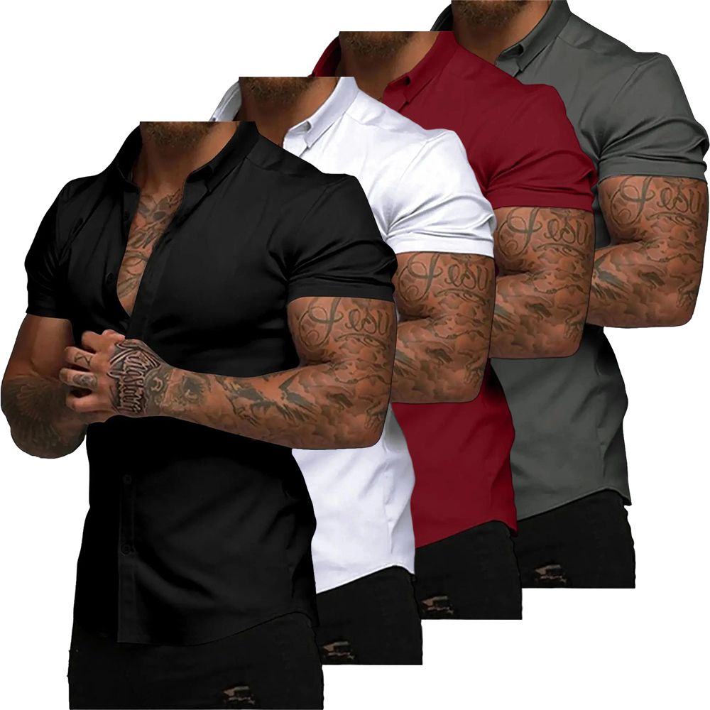 Mens Muscle Fit Dress Shirts Casual Button Down Shirt Short Sleeve Wrinkle-Free Shirts