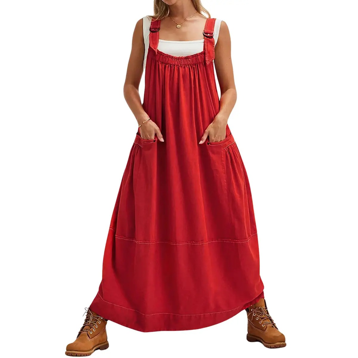 Women's Sleeveless Strappy Barrel Midi Dress with Pockets & Adjustable Straps