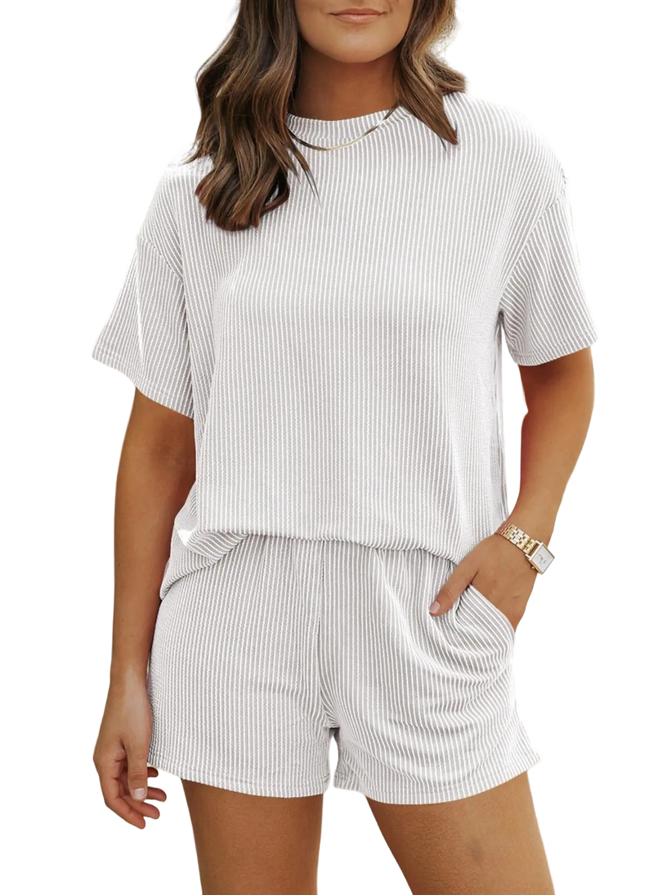 Women's Solid Twisted Ribbed Knit Textured Pocket Shorts Set, Casual Short Sleeve T-shirt & Elastic Waist Shorts