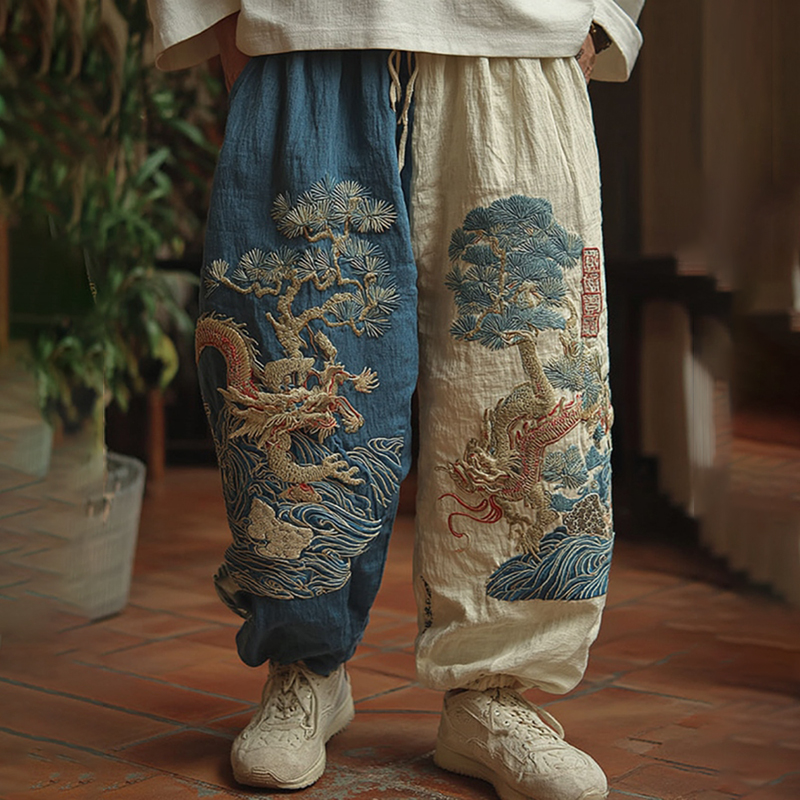 Men's Japanese Dragon Art Contrast Linen Pants