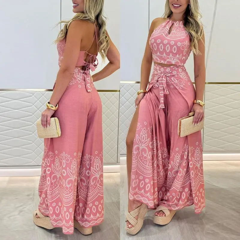CHICME Women's Tribal Print 2-Piece Set – Sleeveless Keyhole Top & Slit Wide-Leg Pants, Vacation Outfit