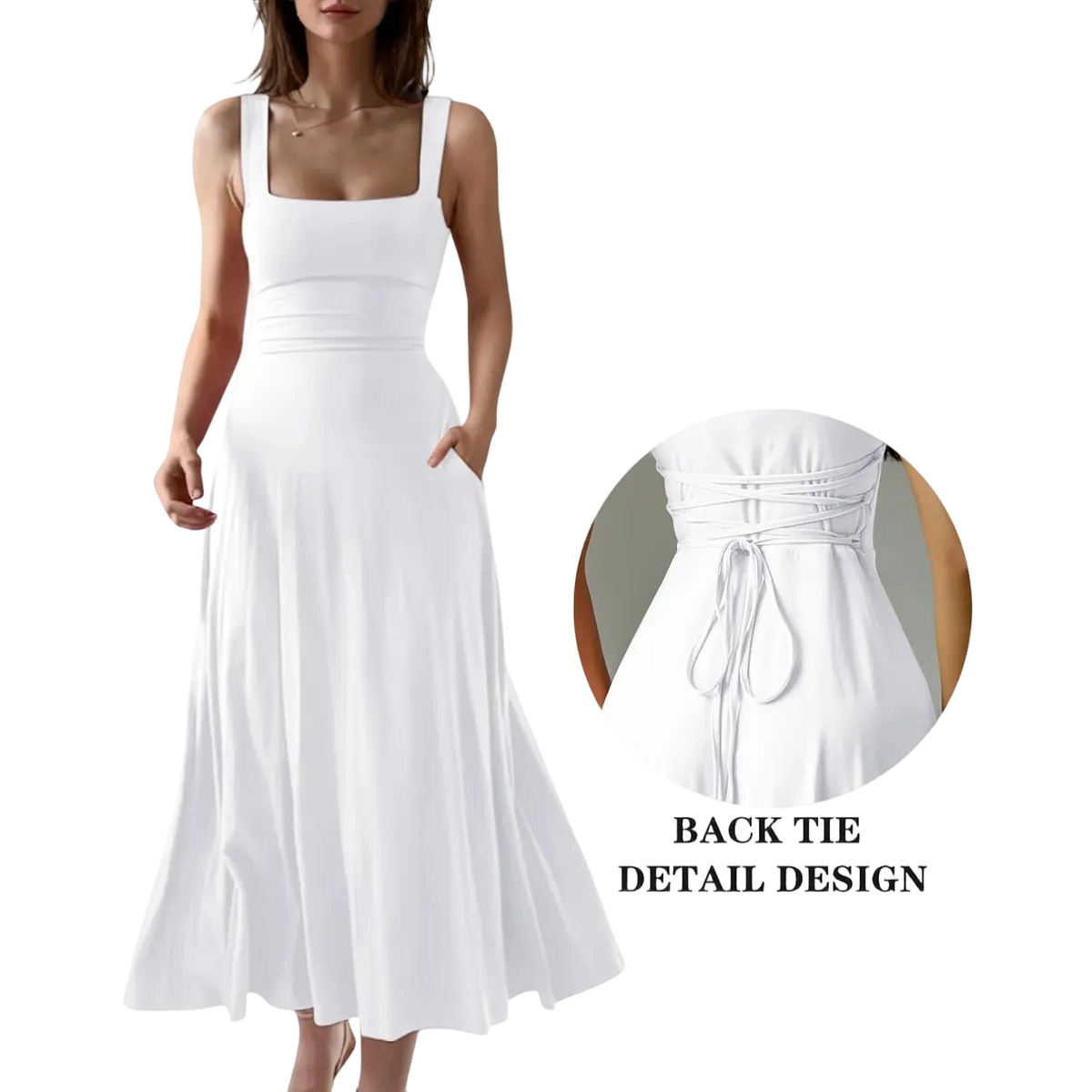 👗👗 Women’s Square Neck A-Line Flowy Dress with Pockets