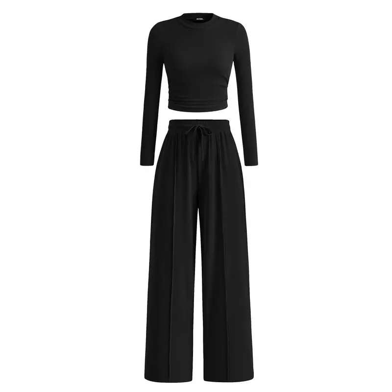 ✨2-Piece Ribbed Knit Long Sleeve Crop Top Wide Leg Pants Lounge Set🔥