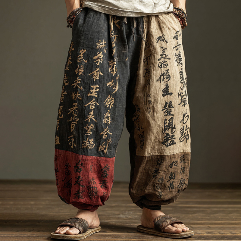 Men's Vintage Japanese Art Print Cuffed Pants