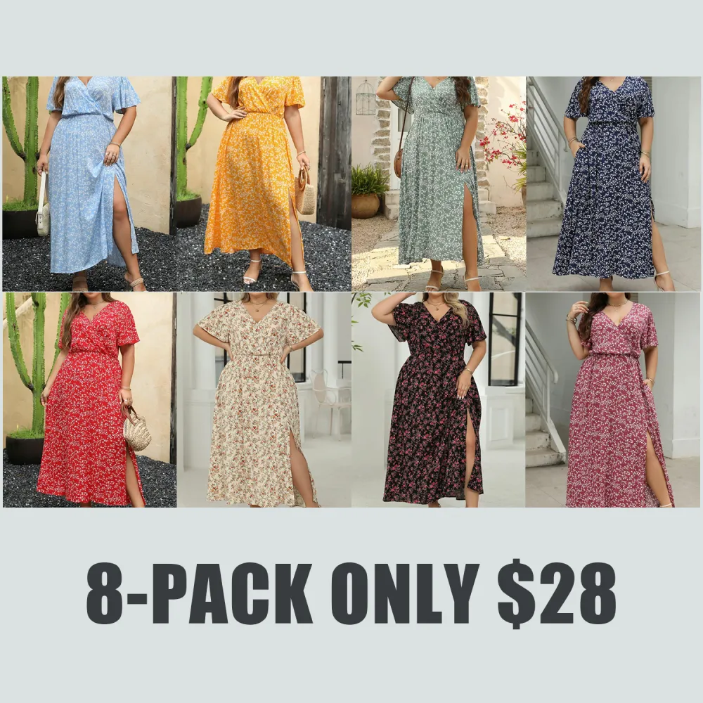 [Plus Size]4 Styles Summer Dresses – Floral Split Thigh, Puff Sleeve Tie Front, Wrap V Neck Belted, Square Neck Maxi