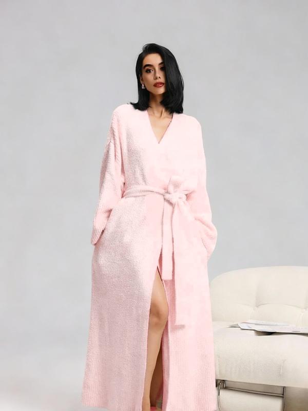 Women’s Plush Long Robe – Heavyweight Warm Flannel Lounge Robe with Tie Belt