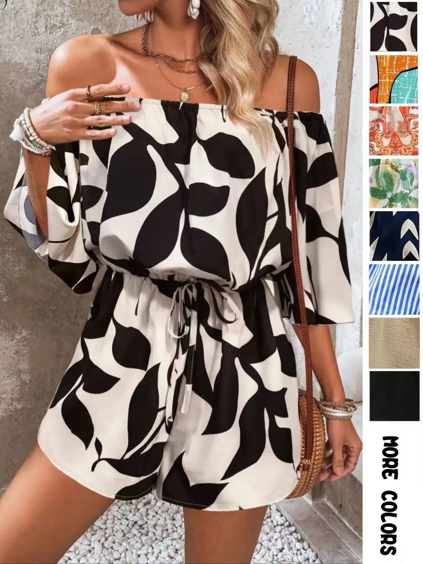 Women's Leaf Print Off Shoulder Tie Front Romper