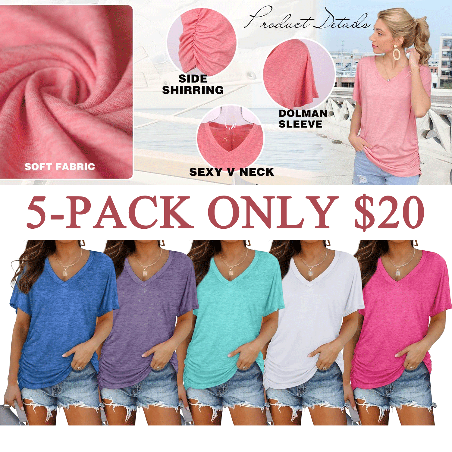 🔥Women’s V-Neck Dolman Sleeve Top with Side Shirring – Loose Fit Casual Shirt