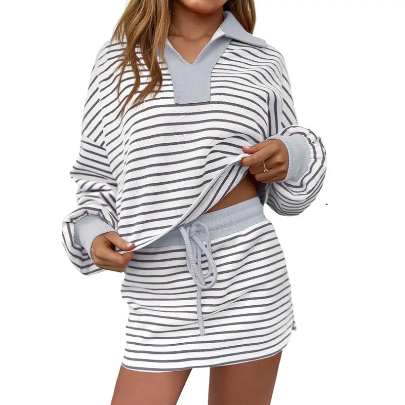 Striped 2 Piece Outfits Casual Sweatshirt Skirt Set Long Sleeve Skort Workout Set Matching Lounge Sets Women's Matching Sets