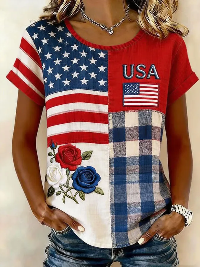 Women'S American Flower Independence Day Commemorative Cotton Blend Short Sleeved T-Shirt
