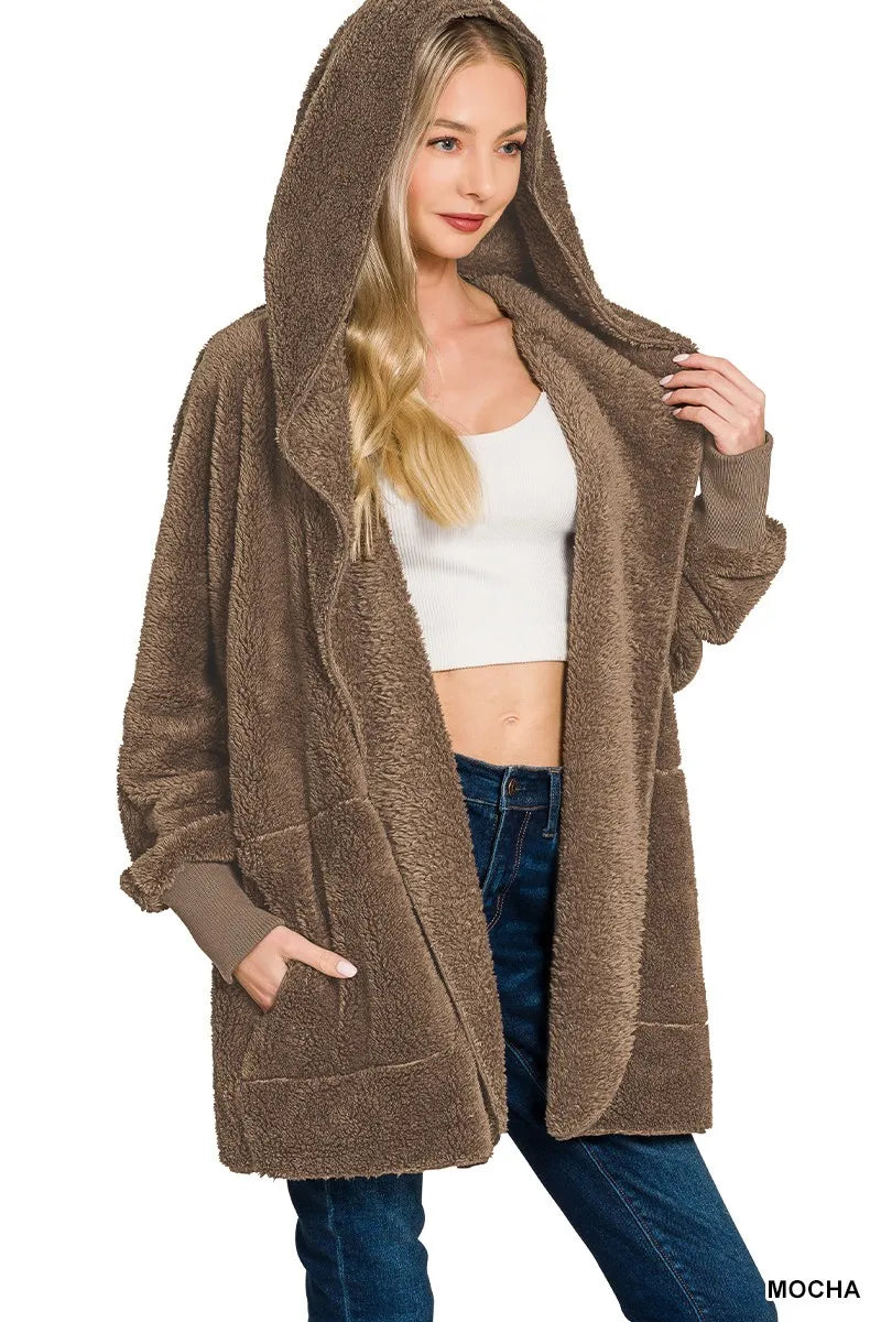 Hooded Faux Fur Jacket with Pockets