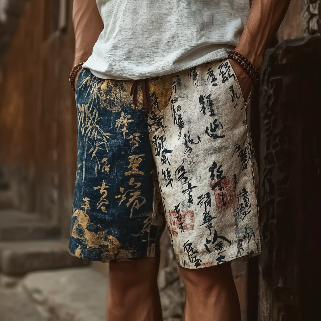 Japanese Art Retro Line Art Linen Casual Shorts