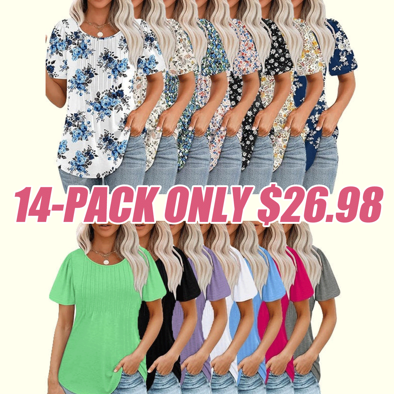 🔥Last day promotion🔥Womens T Shirts Short Sleeve Pleated Dressy Casual Scooped Neck Summer Tops Blouses